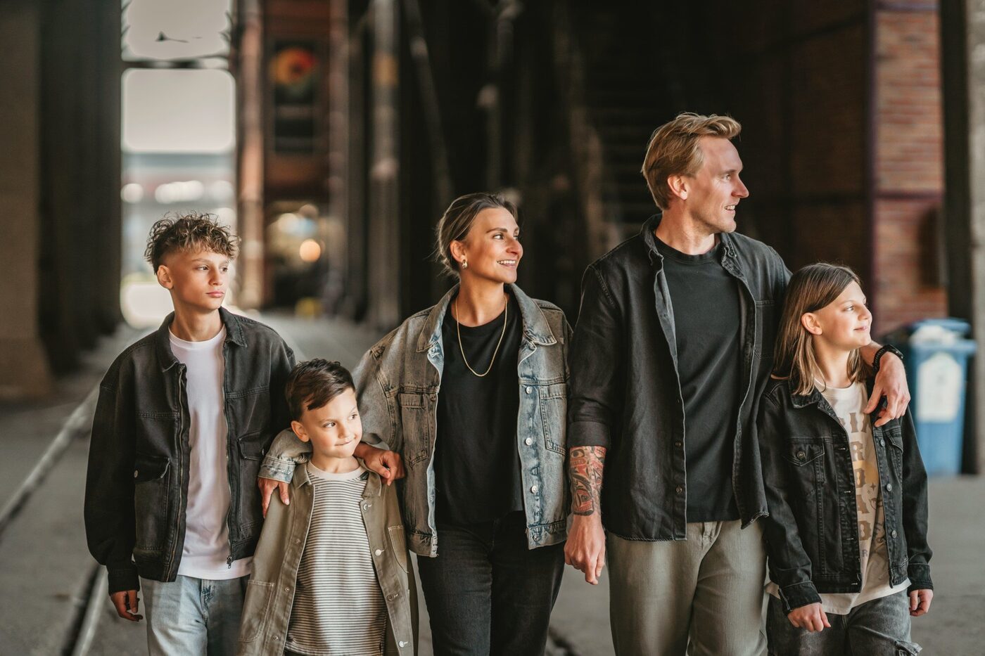 The whole family walking together, three different ages