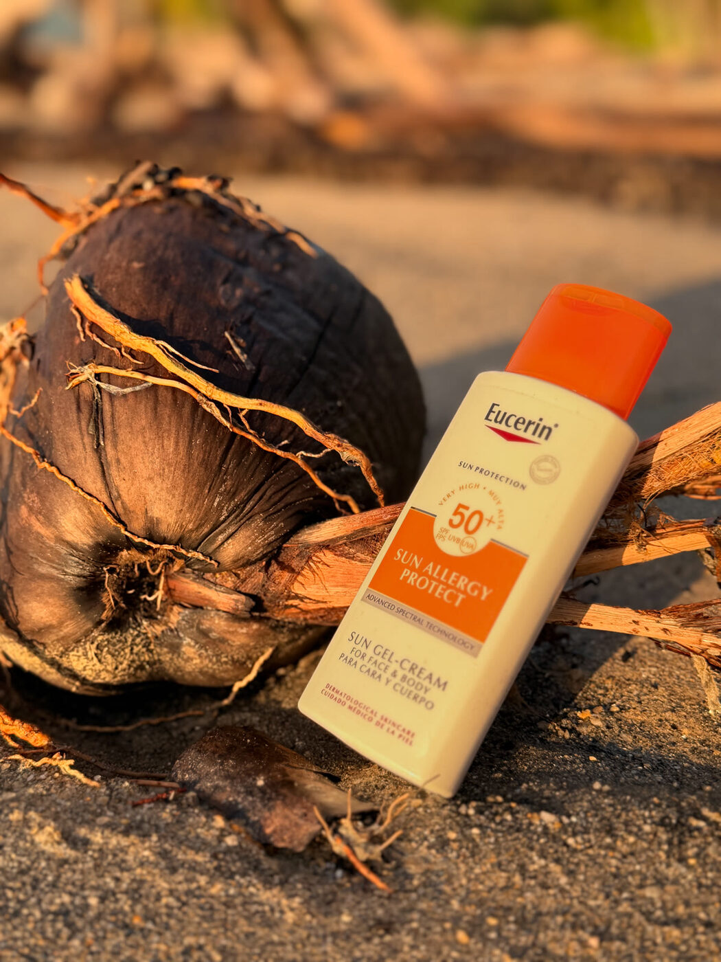 Product photography, sunscreen on a beach table