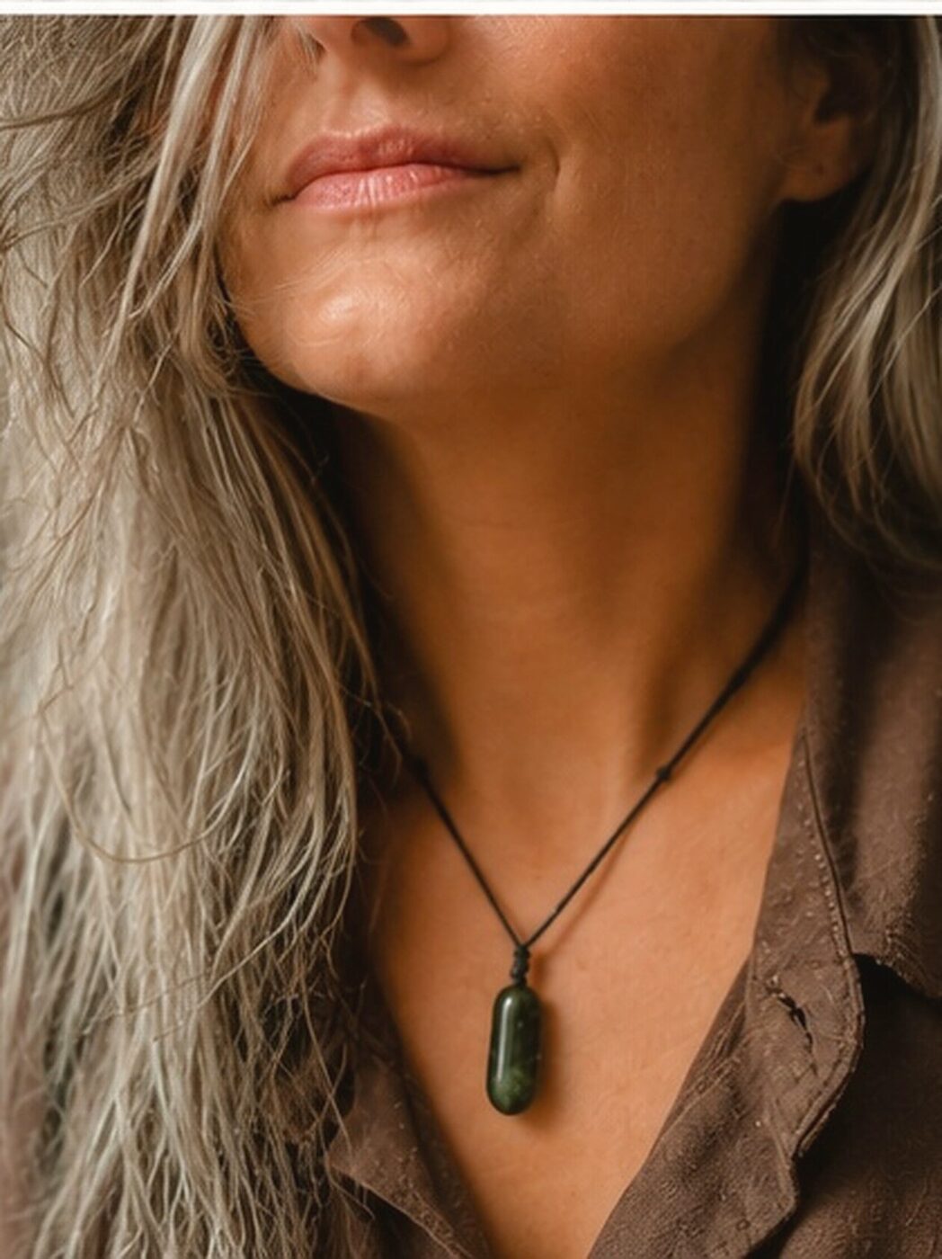 Jewellery UGC photo, pendant necklace worn with linen shirt
